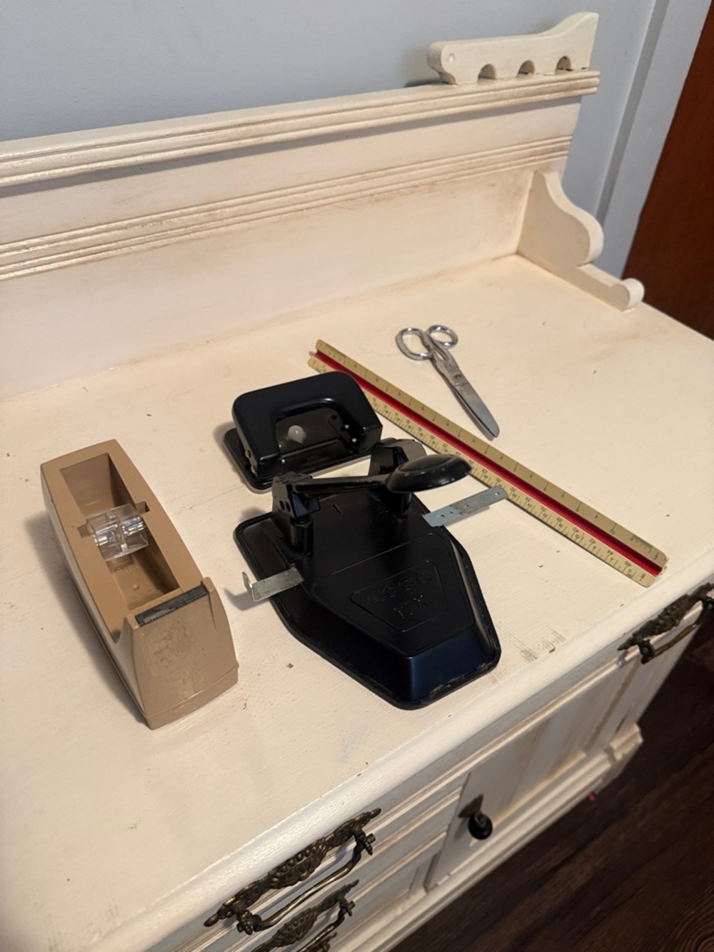 Black Heavy-Duty Hole Punch with Beige Tape Dispenser stationary vintage lot
